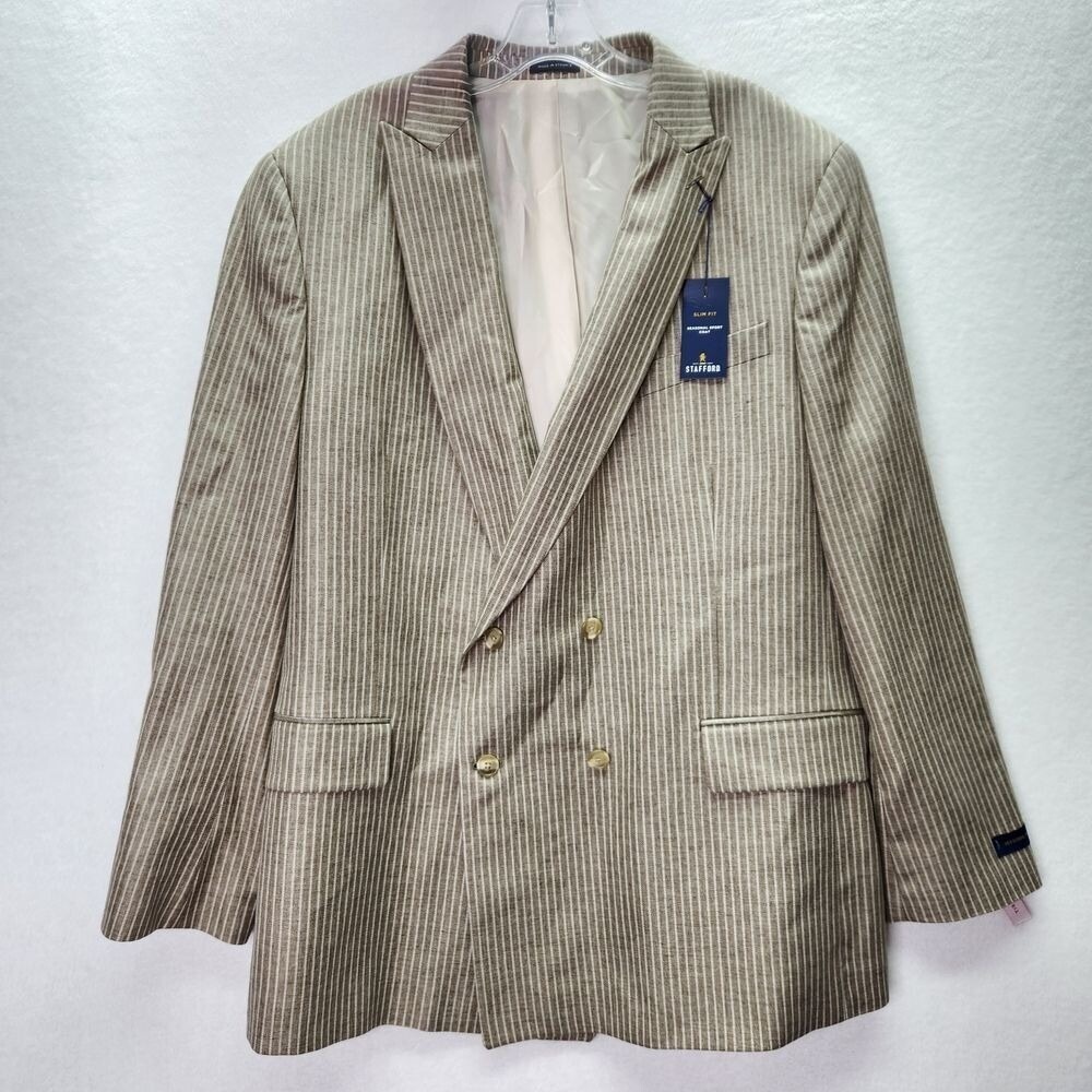 Stafford Blazer Mens 48 L‎ Slim Fit Tan Striped Seasonal Sport Coat Suit Jacket